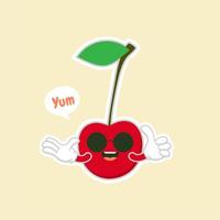 personajes de cereza lindos y kawaii. diseño de frutas con personajes de vector de cereza. personaje de cereza lindo, ilustración de vector de dibujos animados de cereza. carácter de vector de fruta lindo aislado sobre fondo de color.