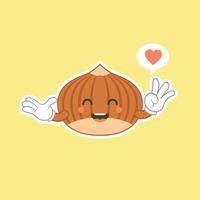 Cute happy brown hazelnut character. Cute happy hazelnut character flat design. Funny nut emoticon in flat style. Brown hazelnut emoji vector illustration. Healthy vegetarian food