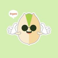 lindo y kawaii personaje de pistachos en la cáscara. alimentos orgánicos frescos abiertos y fritos. individuales y grupales. ilustraciones de vectores de frutos secos aisladas sobre fondo de color.