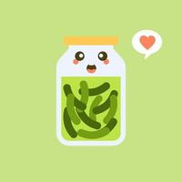 Kawaii and cute pickles in jar, isolated jar of pickled cucumbers. Marinated vegetables in can, homemade production full of probiotics. Fermented veggies, crunch gherkin with salt. Flat design style vector