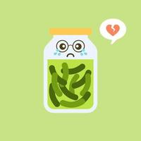 Kawaii and cute pickles in jar, isolated jar of pickled cucumbers. Marinated vegetables in can, homemade production full of probiotics. Fermented veggies, crunch gherkin with salt. Flat design style vector