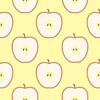 Apple seamless pattern and slice with seed on color background. Red apples fruits vector illustration.