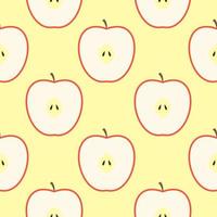 Apple seamless pattern and slice with seed on color background. Red apples fruits vector illustration.