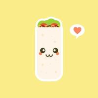 Cute and kawaii funny smiling happy burrito. Mexican food flat design vector illustration. Traditional Mexican meal, fast food. Bright and positive clipart, composition.