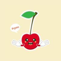 personajes de cereza lindos y kawaii. diseño de frutas con personajes de vector de cereza. personaje de cereza lindo, ilustración de vector de dibujos animados de cereza. carácter de vector de fruta lindo aislado sobre fondo de color.