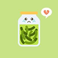 Kawaii and cute pickles in jar, isolated jar of pickled cucumbers. Marinated vegetables in can, homemade production full of probiotics. Fermented veggies, crunch gherkin with salt. Flat design style vector