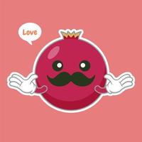 Cute and kawaii pomegranate cartoon character isolated on color background vector illustration. Funny positive and friendly emoticon face icon. Happy smile cartoon face food emoji, comical fruit