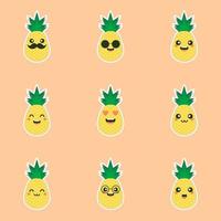 personajes de piña lindos y kawaii, personajes lindos de piña de mascotas establecidos para el verano. jugo de piña, fruta tropical, lugar de veraneo. concepto de vacaciones. para temas como frutas, verano, viajes vector