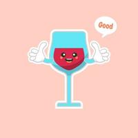 Copa linda y kawaii de vino tinto, diseño de personajes de dibujos animados. mascota alcohólica vidrio transparente. ilustración vectorial plana aislada sobre fondo de color vector
