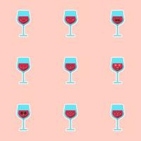 cute and kawaii glass of red wine, cartoon character design. Alcohol mascot. Transparent glass. Flat vector illustration isolated on color background