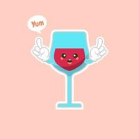 cute and kawaii glass of red wine, cartoon character design. Alcohol mascot. Transparent glass. Flat vector illustration isolated on color background