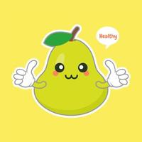 cute and happy cartoon style green pear characters for healthy food, vegan and cooking design. kawaii pear fruit with funny expression vector