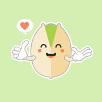 lindo y kawaii personaje de pistachos en la cáscara. alimentos orgánicos frescos abiertos y fritos. individuales y grupales. ilustraciones de vectores de frutos secos aisladas sobre fondo de color.