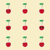 cute and kawaii cherry characters.Fruit design with cherry vector characters.Cute Cherry character, Cherry cartoon vector illustration. Cute fruit vector character isolated on color background.