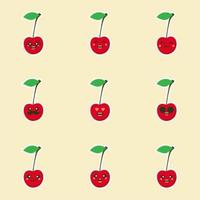 cute and kawaii cherry characters.Fruit design with cherry vector characters.Cute Cherry character, Cherry cartoon vector illustration. Cute fruit vector character isolated on color background.