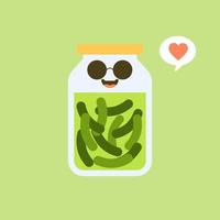 Kawaii and cute pickles in jar, isolated jar of pickled cucumbers. Marinated vegetables in can, homemade production full of probiotics. Fermented veggies, crunch gherkin with salt. Flat design style vector