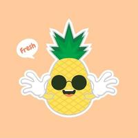 personajes de piña lindos y kawaii, personajes lindos de piña de mascotas establecidos para el verano. jugo de piña, fruta tropical, lugar de veraneo. concepto de vacaciones. para temas como frutas, verano, viajes vector