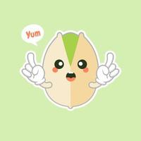 lindo y kawaii personaje de pistachos en la cáscara. alimentos orgánicos frescos abiertos y fritos. individuales y grupales. ilustraciones de vectores de frutos secos aisladas sobre fondo de color.