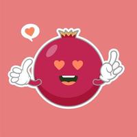 Cute and kawaii pomegranate cartoon character isolated on color background vector illustration. Funny positive and friendly emoticon face icon. Happy smile cartoon face food emoji, comical fruit