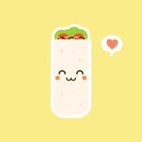 Cute and kawaii funny smiling happy burrito. Mexican food flat design vector illustration. Traditional Mexican meal, fast food. Bright and positive clipart, composition.