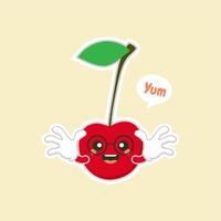 personajes de cereza lindos y kawaii. diseño de frutas con personajes de vector de cereza. personaje de cereza lindo, ilustración de vector de dibujos animados de cereza. carácter de vector de fruta lindo aislado sobre fondo de color.