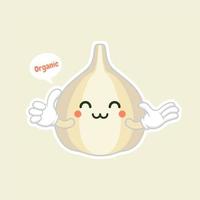cute and kawaa garlic cartoon character flat design vector illustration. can use restaurant menu, cooking books and organic farm label. Healthy food. Tasty vegan. Organic product. Culinary ingredient.