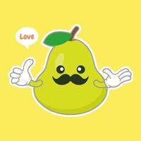 lindos y felices personajes de dibujos animados de pera verde para comida saludable, vegano y diseño de cocina. pera kawaii con expresión graciosa vector