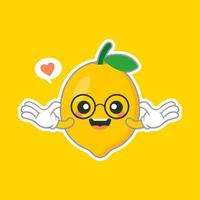 lindo y kawaii personaje de dibujos animados de limón en estilo plano. frutas frescas de limón en temporada de verano. divertido logotipo de personaje de limón. se puede utilizar en el menú del restaurante, en los libros de cocina y en la etiqueta de la granja orgánica vector