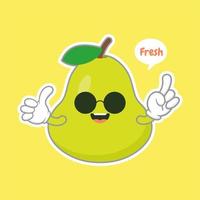 cute and happy cartoon style green pear characters for healthy food, vegan and cooking design. kawaii pear fruit with funny expression vector