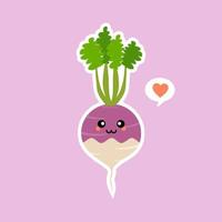 Ilustración de vector de diseño plano de nabo púrpura. adorable rábano de dibujos animados y alegre personaje amigable con el nabo. ilustración vectorial mascota vegetal kawaii para veganos y vegetarianos