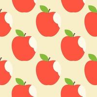 Seamless pattern of bitten apple with green leaves flat vector illustration on color background