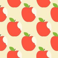 Seamless pattern of bitten apple with green leaves flat vector illustration on color background