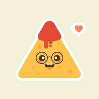 Funny characters Nachos with tomato salsa sauce. Nice mexican food. Vector illustration