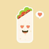 Cute and kawaii funny smiling happy burrito. Mexican food flat design vector illustration. Traditional Mexican meal, fast food. Bright and positive clipart, composition.