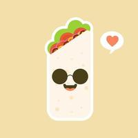 Cute and kawaii funny smiling happy burrito. Mexican food flat design vector illustration. Traditional Mexican meal, fast food. Bright and positive clipart, composition.