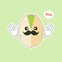 cute and kawaii Pistachio nuts character in the shell. Open and fried fresh organic food. Singles and group. Nuts vector illustrations isolated on color background.