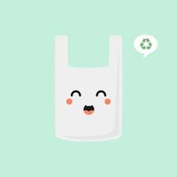 Plastic bag cartoon character vector stickers. Ecologic sticker with plastic pack. Prohibited plastic trash. Proper utilization of non-biodegradable waste. Environmental icon. Sustainable development