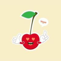 personajes de cereza lindos y kawaii. diseño de frutas con personajes de vector de cereza. personaje de cereza lindo, ilustración de vector de dibujos animados de cereza. carácter de vector de fruta lindo aislado sobre fondo de color.