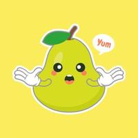 lindos y felices personajes de dibujos animados de pera verde para comida saludable, vegano y diseño de cocina. pera kawaii con expresión graciosa vector