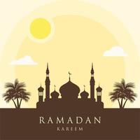 fondo cuadrado de ramadán kareem. ilustración vectorial de diseño plano con mezquita y sol, lugar para tarjeta de felicitación de texto y pancarta. diseño de saludo de celebración de ramadan mubarak vector