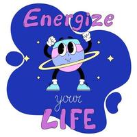 Motivational banner with the inscription - Energize your life. Cute character in the gym. Vector illustration in traditional old-fashioned cartoon style. Colorful print for sports T-shirts