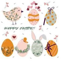 Cute vector Easter set with colourful pattern eggs, bird, bunny ears and spring leaves and flowers