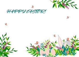 Easter banner vector illustration. Cute spring holiday design of eggs and flowers, bunny's ears, leaves and butterflies