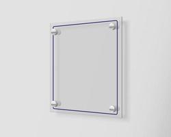 Glass signage mock up. Transparent square acrylic sign template for design. Blank branding display with copy space. 3d vector illustration.