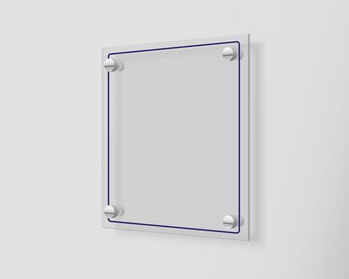 Glass signage mock up. Transparent square acrylic sign template for design. Blank branding display with copy space. 3d vector illustration.