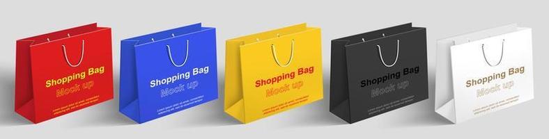 3D colorful shopping bag mock up. Blank packaging template design. horizontal paper package with copy space. 3d isolated on background. realistic vector illustration.