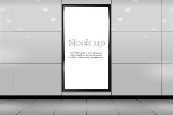 3d vertical signage mock up. Blank billboard located in underground hall or subway for advertising template design. Realistic frame with copy space. isolated vector illustration.