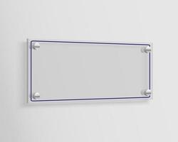 Glass signage mock up. Transparent rectangle acrylic sign template for design. Blank branding display with copy space. 3d vector illustration.