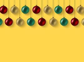 Christmas composition banner. Xmas design background with realistic glitter gold red and green ball decoration. Horizontal poster with copy space. greeting card layout.