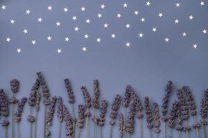 silver stars and dry lavender on violet background photo